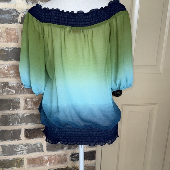 Smocked Trim Ombré Off Shoulder Top Gradient Green Blue Ruffled 3/4 Sleeve Sz M - Picture 3 of 9
